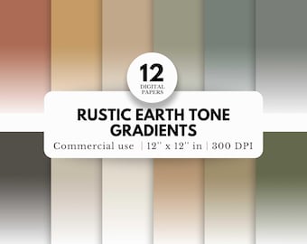 12 Rustic Earth Tone Gradients Digital Papers, 12x12, Neutral Solid Colors with Fade Effect, DIY Printables, Ombre Patterns for Journals