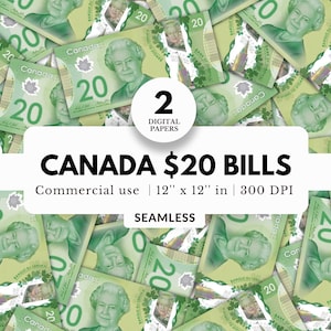 Banconote da 20 dollari canadesi, carte digitali, modelli senza soluzione di continuità, download JPG, denaro contante, mucchio di soldi, per carta da regalo, sublimazione, stampe