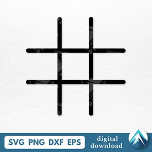 May include: A black tic-tac-toe grid graphic on a white background. The image includes the text "SVG PNG DXF EPS" and "digital download" in a blue banner. A mountain logo is in the bottom right corner.