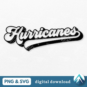 Może przedstawiać: Czarno-biały projekt graficzny słowa "Hurricanes" w retro sportowym kroju pisma z czarno-białym łukiem w stylu baseballowym za tekstem.