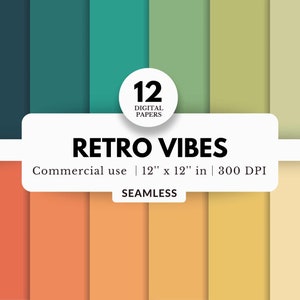 May include: A set of 12 digital papers with retro color palettes. The papers are 12 inches by 12 inches and 300 DPI. The text "RETRO VIBES" is displayed in a white rectangle on top of the papers. The text "Commercial use | 12" x 12" in | 300 DPI" is displayed below the rectangle. The text "SEAMLESS" is displayed below the previous text.