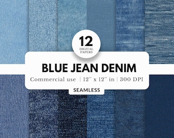 12 Blue Jean Denim Digital Paper Pack, Seamless Patterns, 12x12, Realistic Fabric Textures, Southwestern Cowboy, Light and Dark Blue Jeans