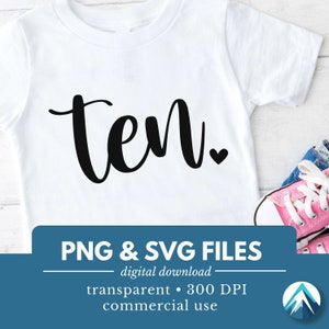 Zehn Geburtstagszahl, digitaler Download, PNG- und SVG-Datei, transparenter Hintergrund, süßes kleines Herz, kursive Schrift, 10