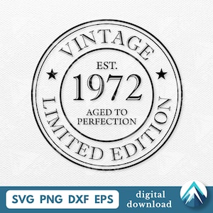 May include: A black and white circular design with the words "VINTAGE LIMITED EDITION" and "EST. 1972 AGED TO PERFECTION". The design includes two stars and is for a digital download.