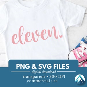 11 歳の誕生日の数字、デジタル ダウンロード、PNG および SVG ファイル、透明、かわいい小さなハート、ライト ピンク、筆記体フォント、11 歳の誕生日の T シャツ