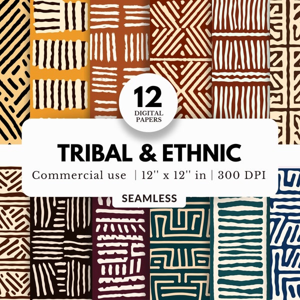 12 Tribal and Ethnic Pattern Digital Papers, Seamless, 12x12, JPG Files, Hatch Mark Line, Geometric Prints, African Inspired, Commercial Use