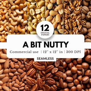 12 Nuts Digital Papers, Seamless Repeat, 12x12, Commercial Use Patterns, Nut Pictures with Cashews, Peanuts, Hazelnuts, Pecans Pieces