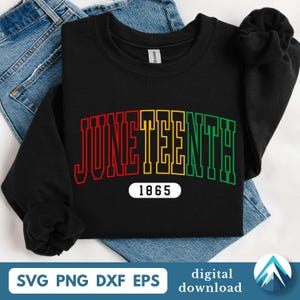 May include: Black sweatshirt featuring the word "JUNETEENTH" in red, yellow, and green, with the year "1865" underneath. The sweatshirt is shown on blue denim jeans. The design is available as a digital download.
