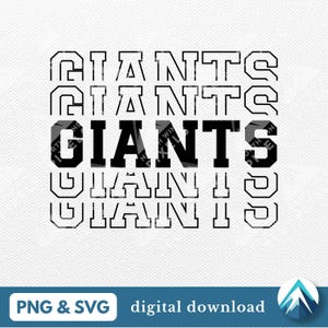 Download digital de gigantes, arquivos PNG e SVG, fundo transparente, fonte College Varsity, contorno desbotado, efeito de eco, desgaste do espírito escolar