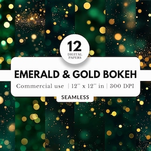 May include: Twelve seamless digital papers featuring a green and gold bokeh effect. Each paper is 12 inches by 12 inches and 300 DPI.