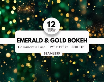 12 smaragdgroen en goud Bokeh digitaal papier, naadloze patronen, 12 x 12, kerstverlichting, sprankelend goud glitterstof, Stardust-achtergrond