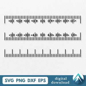 Puede incluir: Tres diseños de reglas en blanco y negro con medidas. La regla superior muestra números del 10 al 50, la regla del medio del 10 al 50, y la regla inferior no tiene números. El texto "SVG PNG DXF EPS digital download" también está presente.