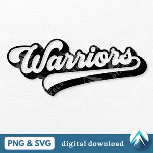 Może przedstawiać: Czarno-biały projekt graficzny słowa "Warriors" w retro sportowym stylu czcionki. Słowo jest zakrzywione i ma czarny kontur.