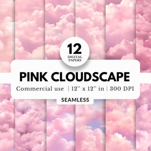 12 digitala papper med rosa molnlandskap, sömlösa mönster, 12x12, JPG, fluffiga rosa moln, för nyfödda bakgrunder, inbjudningar, prinsessporträtt