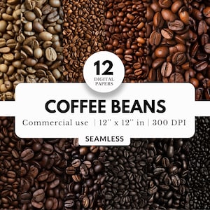 Op de afbeelding: Twaalf digitale papieren met close-up afbeeldingen van koffiebonen in verschillende bruintinten. De papieren zijn 30,5 cm bij 30,5 cm en 300 DPI.  Commerciële  gebruik is toegestaan.