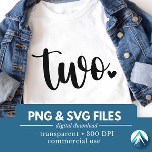 2 つの誕生日の数字、デジタル ダウンロード、PNG および SVG ファイル、透明、かわいい小さなハート、筆記体、2 歳の誕生日、2 歳、T シャツ