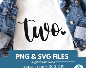 Two Birthday Number, Digital Download, PNG and SVG file, Transparent, Cute Small Heart, Cursive Script, 2nd Birthday, 2 Year Old, T-Shirts