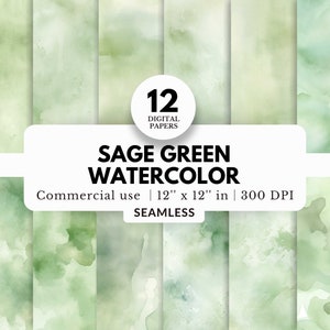 12 Salbei-grüne Aquarelle, Digitale Papier Bündel, Nahtlose Muster, 12x12, JPG Download, Verträumt und Romantisch, Minimalistisch, Pastell Hintergrund