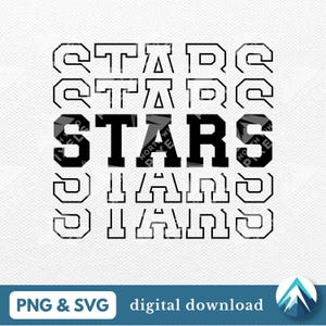 Puede incluir: Diseño digital en blanco y negro con la palabra "STARS" en negrita, repetida arriba y abajo en contorno hueco. El diseño incluye el texto "PNG & SVG digital download".