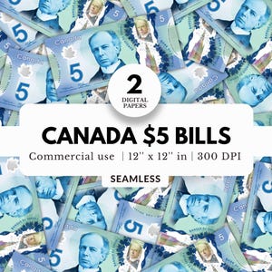 Banconote da 5 dollari canadesi, carte digitali, modelli senza soluzione di continuità, download JPG, denaro contante, mucchio di soldi, per carta da regalo, sublimazione, stampe