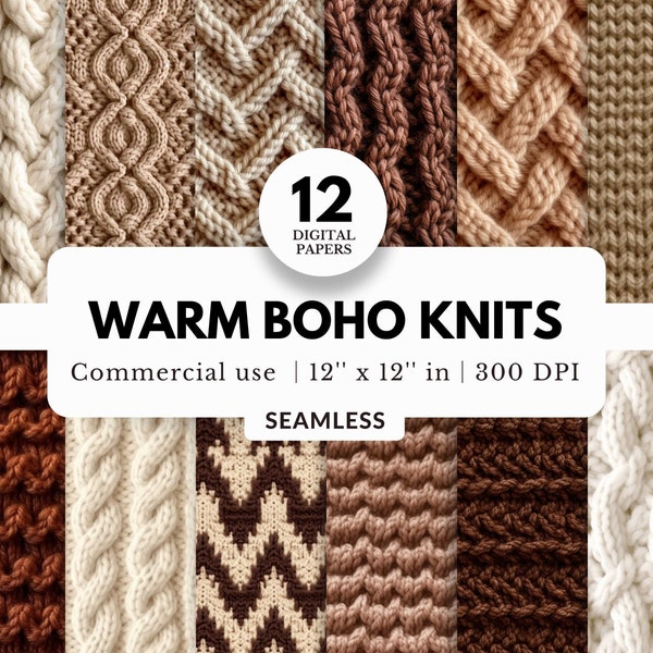 12 Warm Boho Knits Digital Papers, Seamless Knitted Textures, 12x12, Soft Wool Sweaters, Cozy Blankets, White Brown, Neutral, For Background