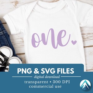 誕生日の数字 1 つ、デジタル ダウンロード、PNG および SVG ファイル、かわいい小さなハート、パステル パープル、筆記体フォント、1 歳の誕生日、1 歳、シャツ用