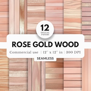 12 Rose Gold Holz Digitale Papiere, Nahtlose Textur, 12x12, JPG Download, Glitzerndes und Glänzendes Gold, Realistische Holzmaserung, Blush rosa Hintergrund