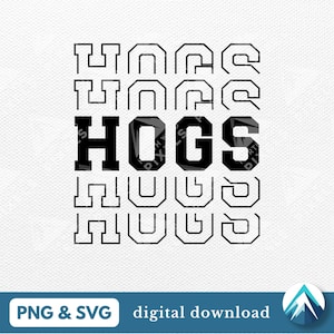 Hogs Digital Download, file PNG e SVG, sfondo trasparente, font College Varsity con dissolvenza, per la squadra sportiva della scuola, mascotte del maiale