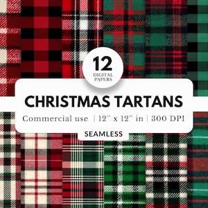 12 Weihnachten Tartan Digitale Papiere, Nahtloses Muster, 12x12, JPG Download, rot und grün kariert, realistische Woll Stoff Textur, Für Backdrop