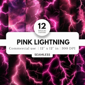 Könnte beinhalten: Zwölf digitale Papiere mit einem nahtlosen Muster aus rosa Blitzen auf einem dunklen Hintergrund. Der Text "PINK LIGHTNING" wird in einem weißen Kasten mit dem Text "Commercial use | 12" x 12" in | 300 DPI" darunter angezeigt.