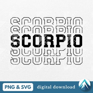May include: Black and white graphic design featuring the word "SCORPIO" in bold, block letters with a white outline. The word is repeated multiple times in a stacked pattern, with the word "SCORPIO" in the center.