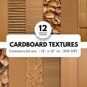 12 papéis digitais com textura de papelão, 12x12, download JPG, padrões realistas, papelão ondulado, fundos de remessa, cenários de papelão marrom