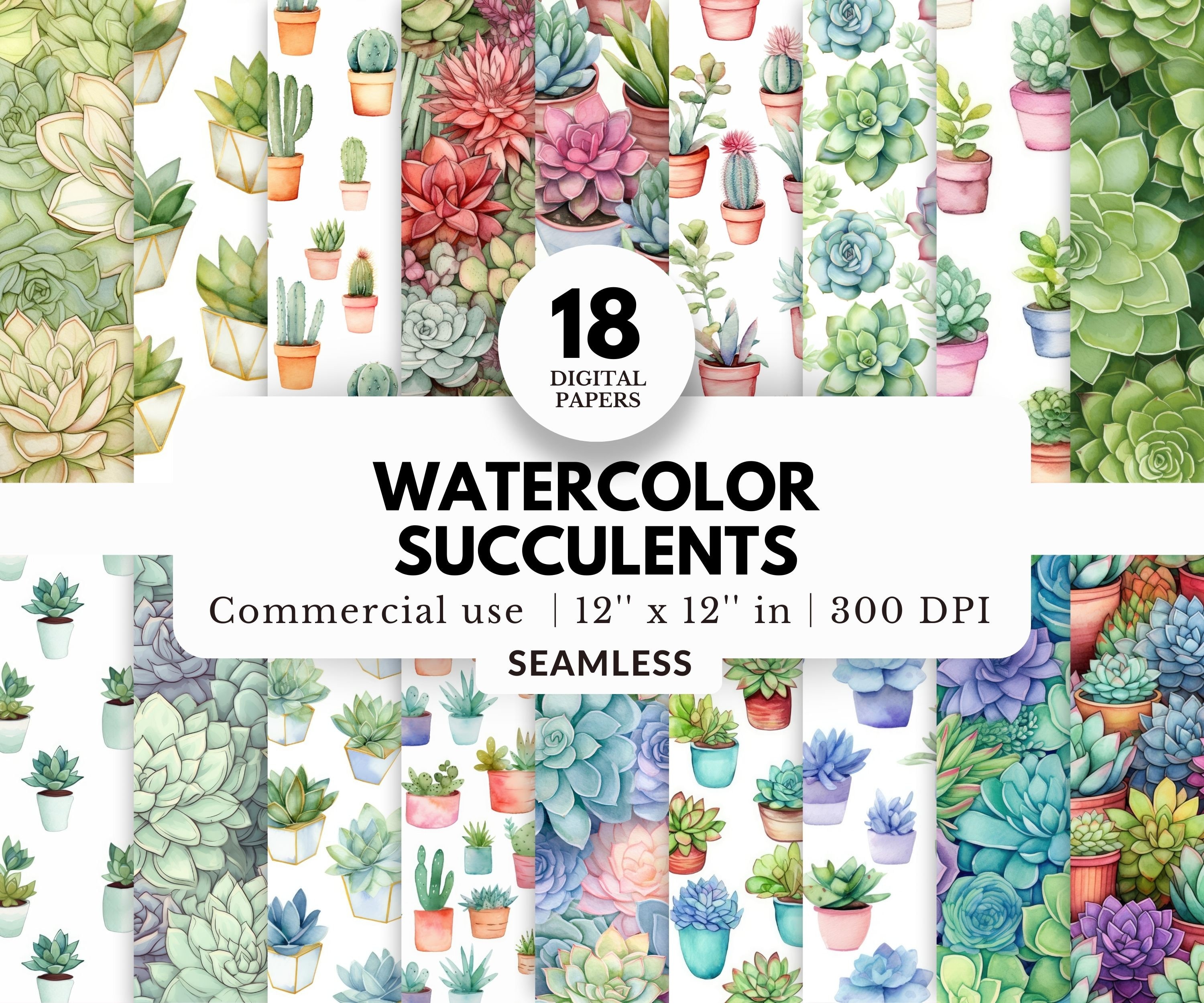 18 Watercolor Succulents Digital Papers, Seamless Pattern, 12x12, JPG ...