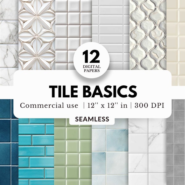 12 Tile Textures Digital Papers, Repeating Pattern, 12x12, White Marble, Subway Tile, For Dollhouse Kitchen and Bathroom, Simple Basics