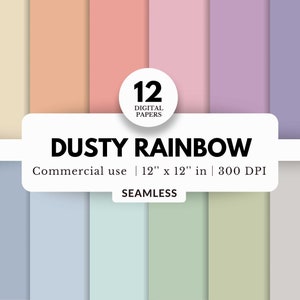 12 papéis digitais Dusty Rainbow, 12x12, download em JPG, cores sólidas suaves, neutro desbotado, para planejadores digitais, página de scrapbook, impressão DIY