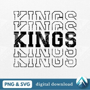 May include: Black and white graphic design of the word "Kings" repeated five times. The word "Kings" is in a bold, blocky font. The word "Kings" is outlined in black. The word "Kings" is repeated five times, with each repetition getting smaller. The word "Kings" is centered on a white background.