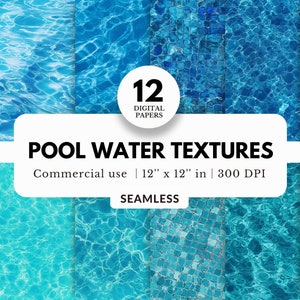 May include: Twelve digital papers featuring seamless patterns of blue pool water textures. Each pattern is 12 inches by 12 inches and 300 DPI.