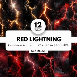 12 papeles digitales Red Lightning, patrones sin costuras, 12x12, descarga JPG, infierno, fondo negro, relámpagos, para telones de fondo deportivos