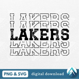 Puede incluir: Diseño gráfico en blanco y negro con la palabra "LAKERS" repetida cinco veces. La palabra "LAKERS" está en negrita, en una fuente de bloque. El diseño es adecuado para su uso como descarga digital para proyectos de manualidades.