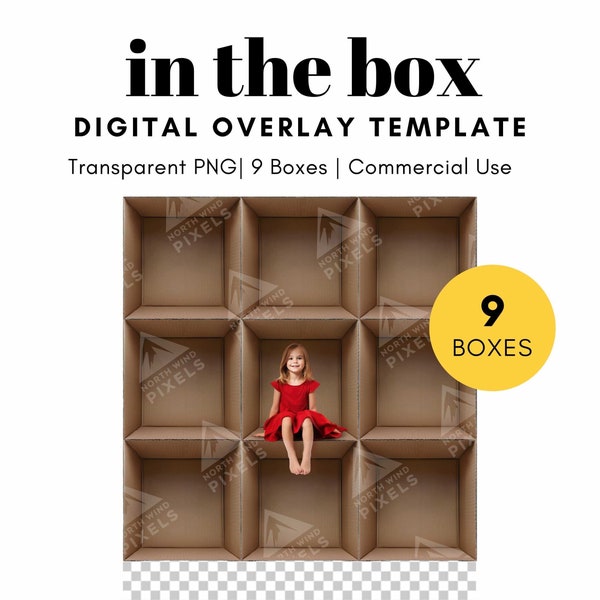 9 Empty Cardboard Box Digital Template, PNG, Grid, Transparent Background, In the Box Photography for School Trips, Classrooms, Students