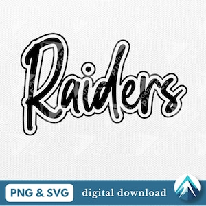 レイダーズ デジタル ダウンロード、PNG および SVG ファイル、透明な背景、黒のグラフィティ文字、スポーツ チーム T シャツ、マスコット、スクール スピリット