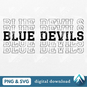 ブルーデビルズデジタルダウンロード、PNGおよびSVGファイル、透明な背景、フェードアウト効果のある大学代表フォント、スポーツチームのマスコット用