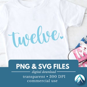 Número de cumpleaños número doce, descarga digital, archivo PNG y SVG, transparente, corazón pequeño, cursiva, azul bebé, 12.º cumpleaños, niño de 12 años
