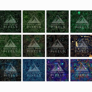 May include: A collection of twelve square digital art prints featuring circuit board designs in various color schemes. Each print displays the text "NORTH WIND PIXELS" with a mountain graphic.