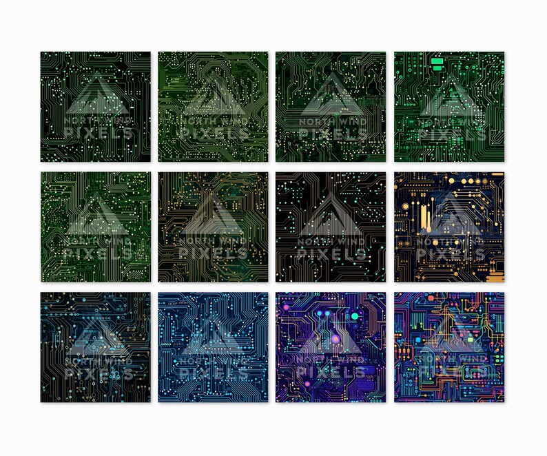 May include: A collection of twelve square digital art prints featuring circuit board designs in various color schemes. Each print displays the text "NORTH WIND PIXELS" with a mountain graphic.