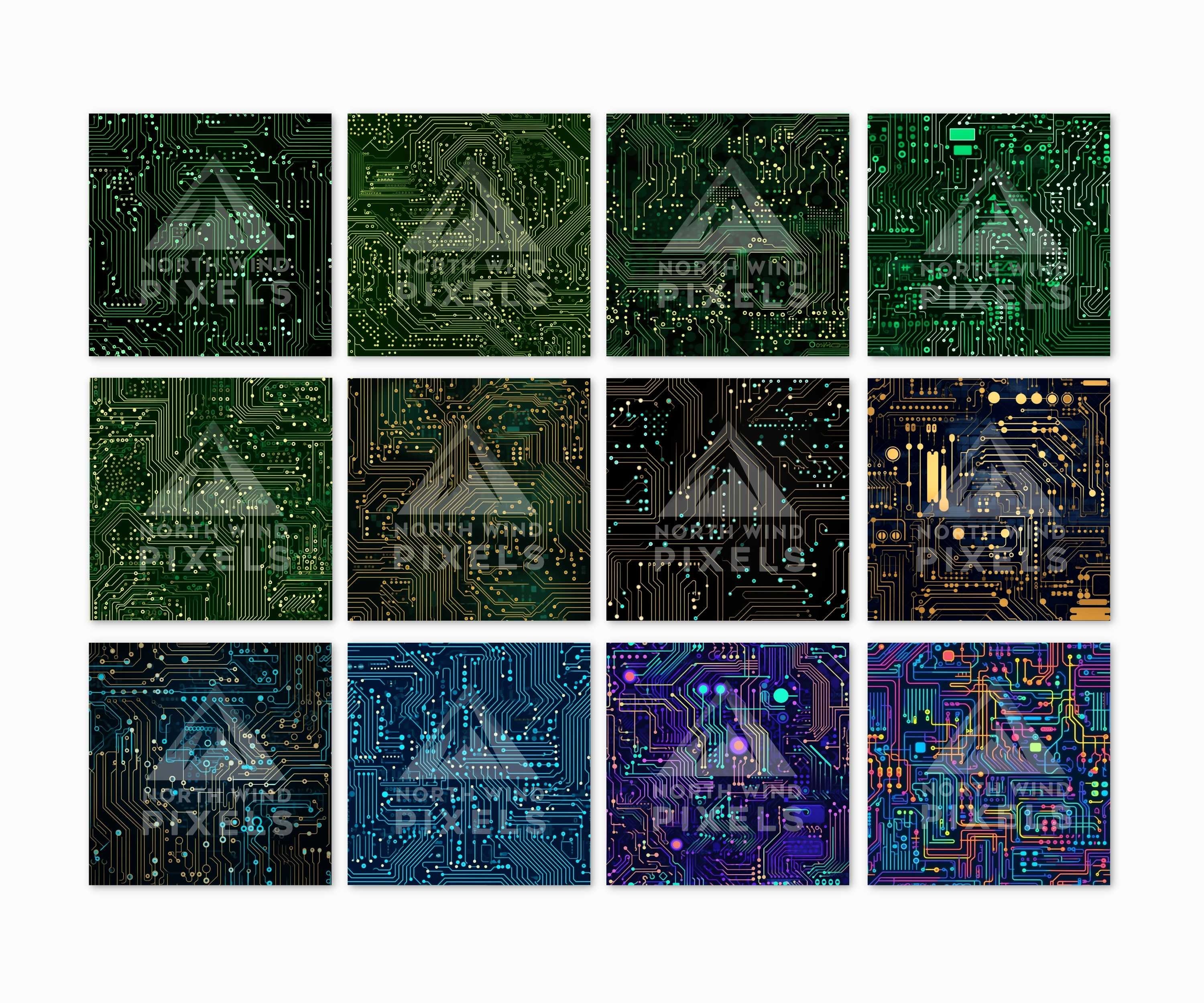 12 Circuit Board Digital Paper Bundle, Seamless Pattern, 12x12, Neon ...