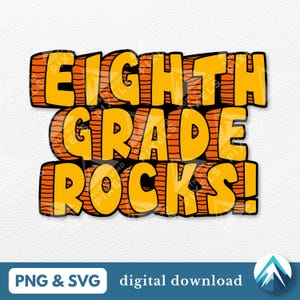 Eighth Grade Rocks Digital Download, PNG e arquivos SVG, fonte da idade da pedra, estilo do homem das cavernas, para camisetas infantis, decalques, adesivos, professores da 8ª série