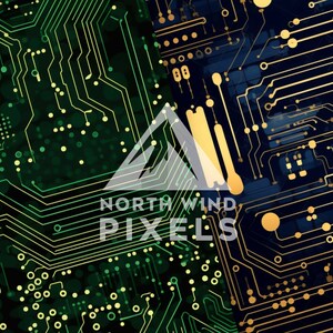 May include: Abstract digital art featuring circuit board designs in shades of green and gold against a dark background. The text "NORTH WIND PIXELS" is overlaid on the image, suggesting a tech or design theme.