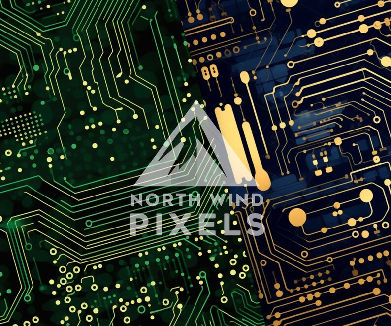 May include: Abstract digital art featuring circuit board designs in shades of green and gold against a dark background. The text "NORTH WIND PIXELS" is overlaid on the image, suggesting a tech or design theme.