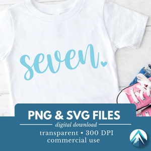 Nummer zeven, digitale download, png- en SVG-bestand, transparant, schattig klein hartje, cursief, babyblauw, 7e verjaardag, 7 jaar oud